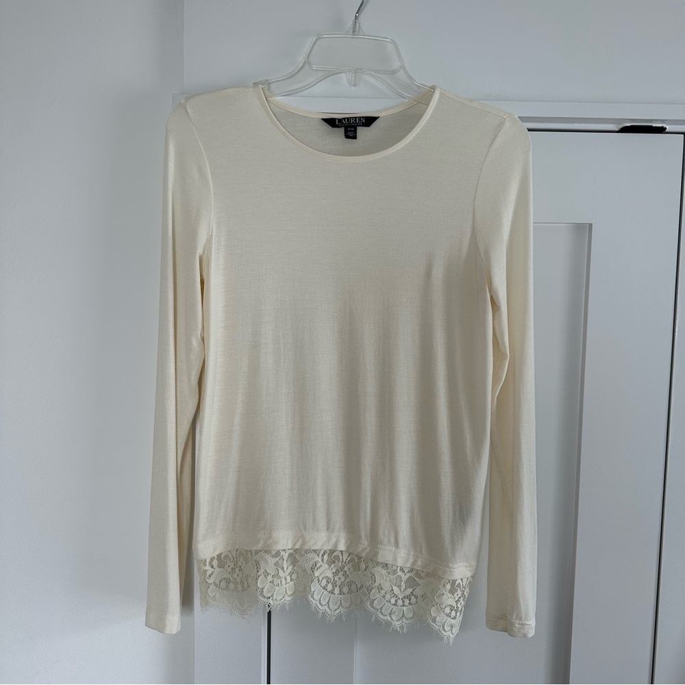 Like New! Lauren Ralph Lauren Cream Top with Lace Hem